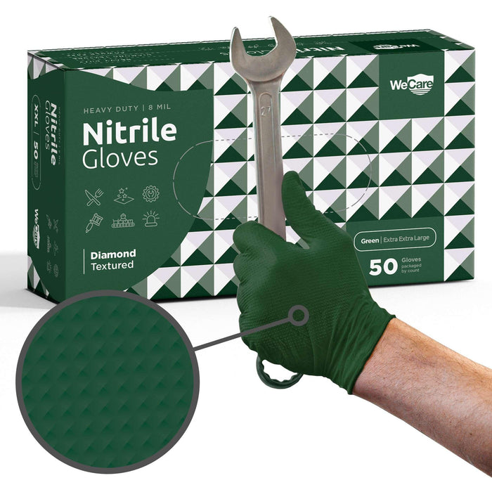 WeCare Diamond Textured  8 Mil Nitrile Gloves Green