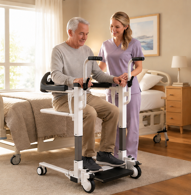 Caregiver helping a person use the Freedom Boost transfer lift