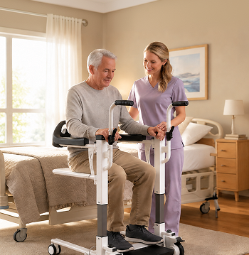 Caregiver helping a person use the Freedom Boost transfer lift