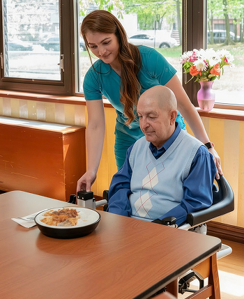 Caregiver helping a seated user at the table