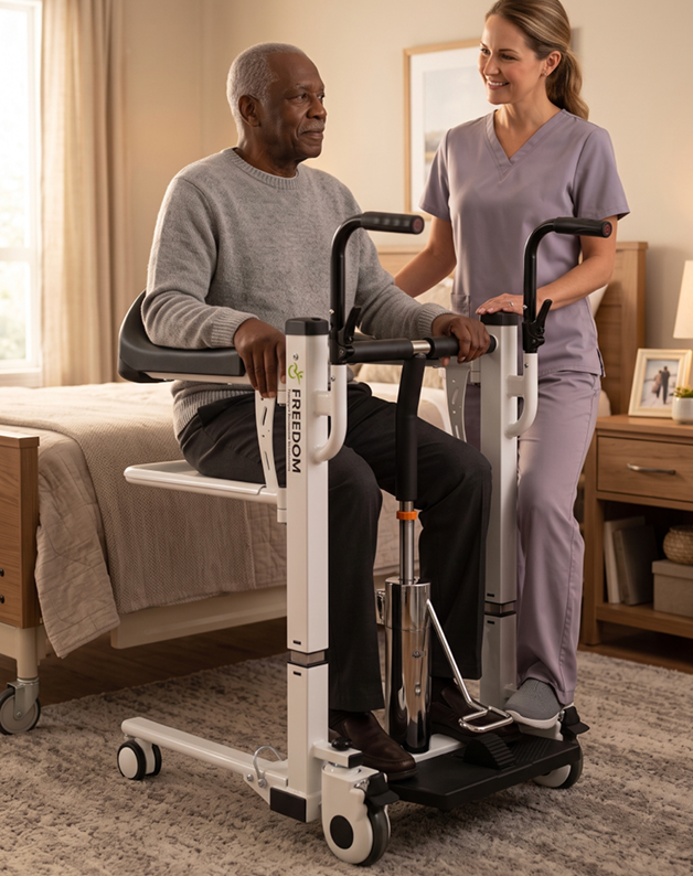 Caregiver beside a user seated on Freedom Boost