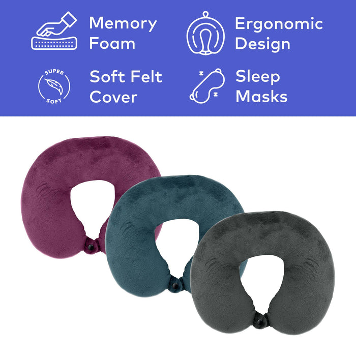 Pursonic Memory Foam Neck Pillow with Eye Mask - Ergonomic Travel - 3 Ct