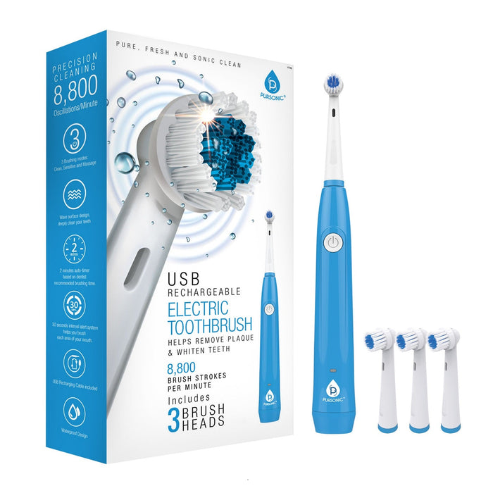 Pursonic Rotary Toothbrush, USB Rechargeable with 3 Heads & 8,800 RPM