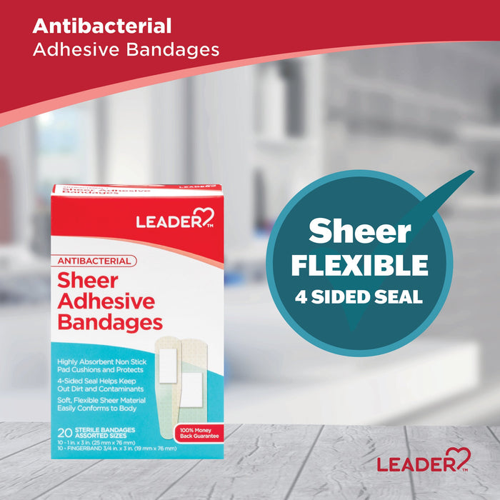 Leader Adhesive Bandages Sheer Antibacterial Assorted - 20 Ct