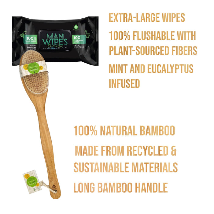 Pursonic Eco-Friendly Bamboo Bath Brush & Massager Set with Flushable Wipes