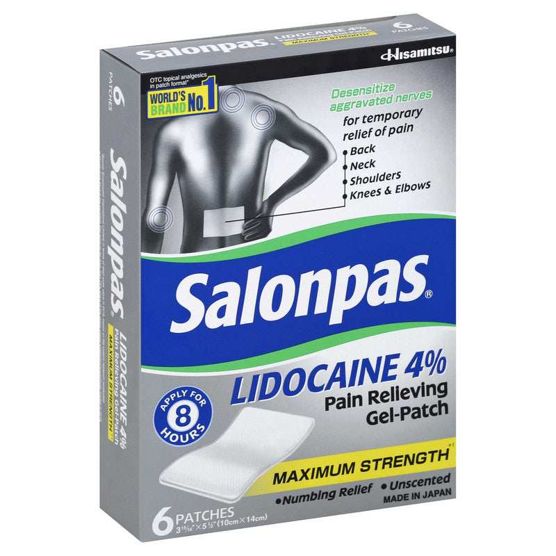 Salonpas Maximum Strength Lidocaine 4% Pain Relieving Gel-Patch