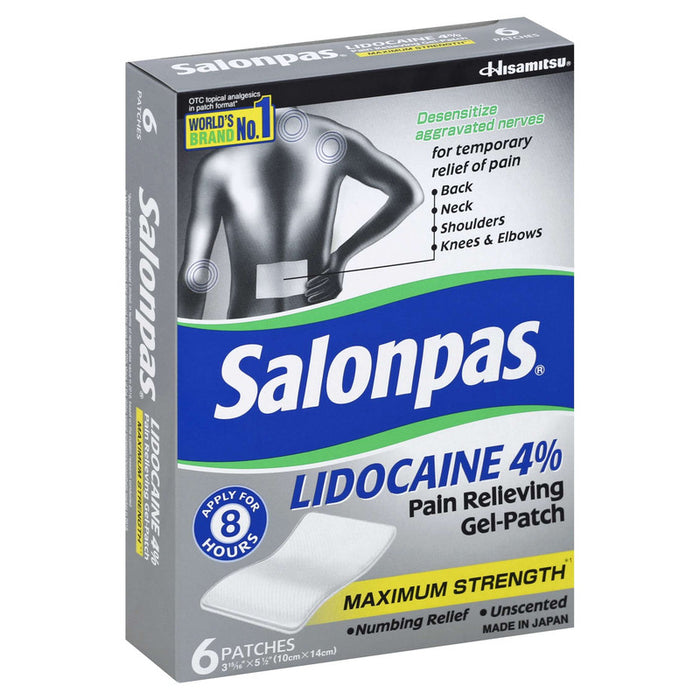 Salonpas Maximum Strength Lidocaine 4% Pain Relieving Gel-Patch