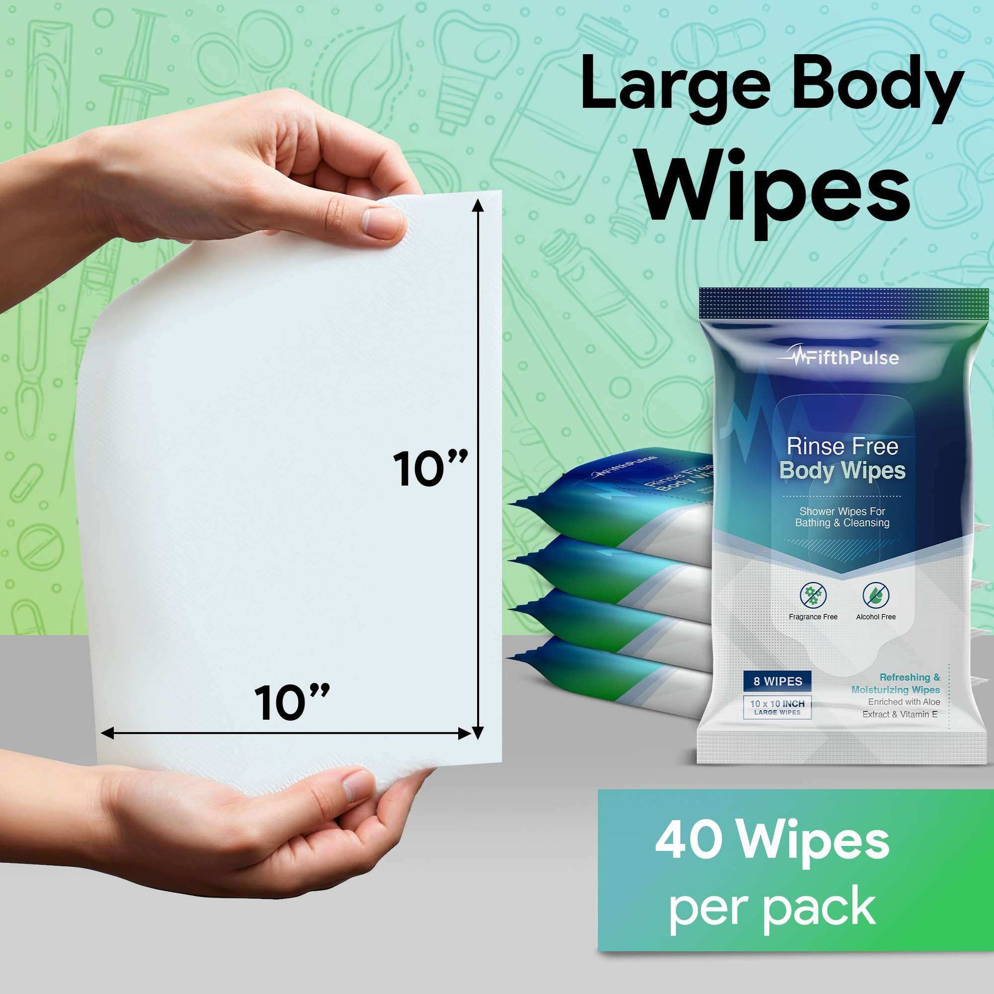 FifthPulse XL Rinse Free Adult Body Wipes for Men and Women