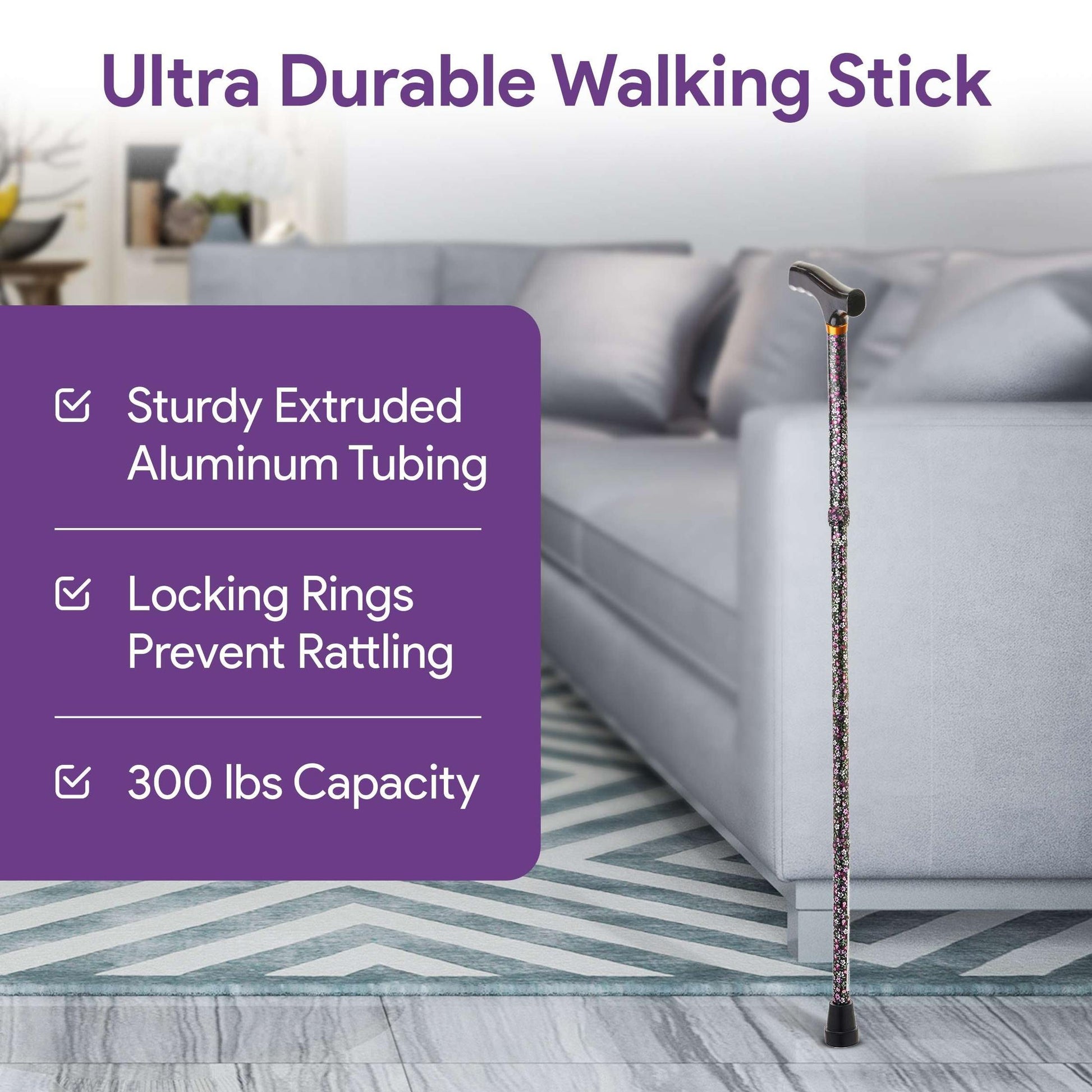 Adjustable Height Folding Black Floral Design Walking Cane shophomemed