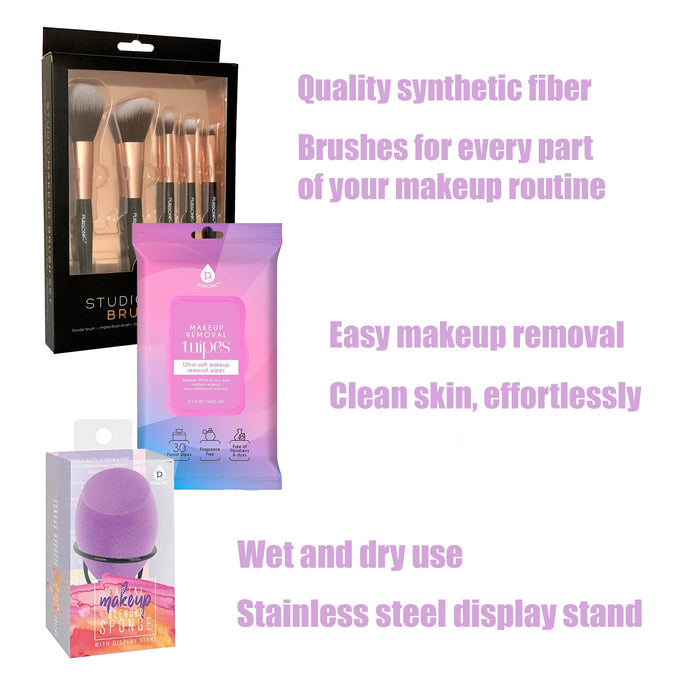 Pursonic Makeup Essentials Bundle: Brushes Wipes & Blender Sponge Set