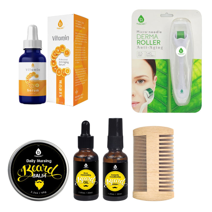 Pursonic Grooming Bundle: Beard Kit Derma Roller Vitamin C Eco Razor