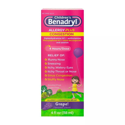Children's Benadryl Allergy Plus Congestion Relief Liquid Grape - 4 fl oz - Shop Home Med