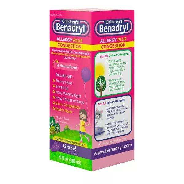 Children's Benadryl Allergy Plus Congestion Relief Liquid Grape - 4 fl oz - Shop Home Med
