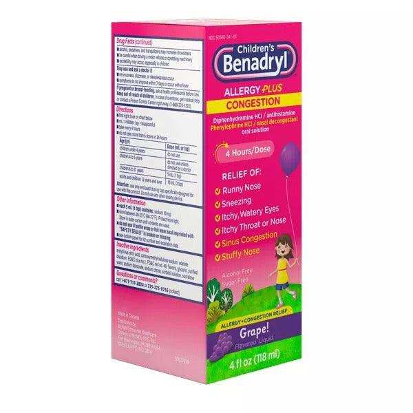 Children's Benadryl Allergy Plus Congestion Relief Liquid Grape - 4 fl oz - Shop Home Med