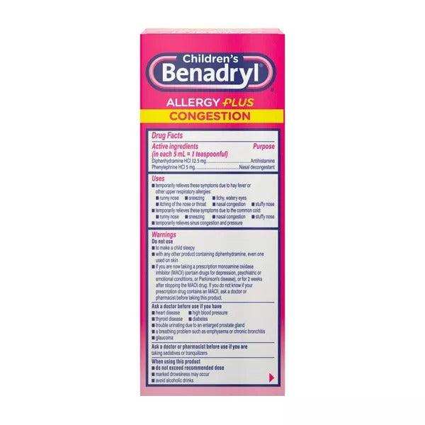 Children's Benadryl Allergy Plus Congestion Relief Liquid Grape - 4 fl oz - Shop Home Med