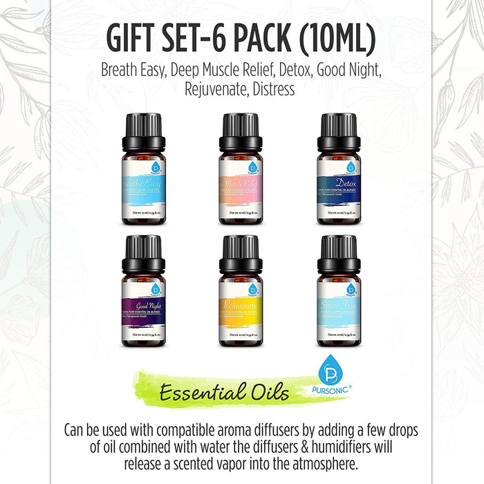 Pursonic 100% Pure Essential Oil Blends & Aromatherapy Oils Set - 6 Varieties