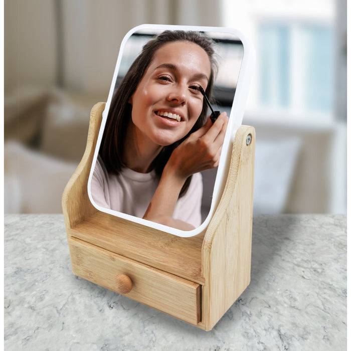 Pursonic Dual-Sided Vanity Mirror with Bamboo Tray & 360° Rotation