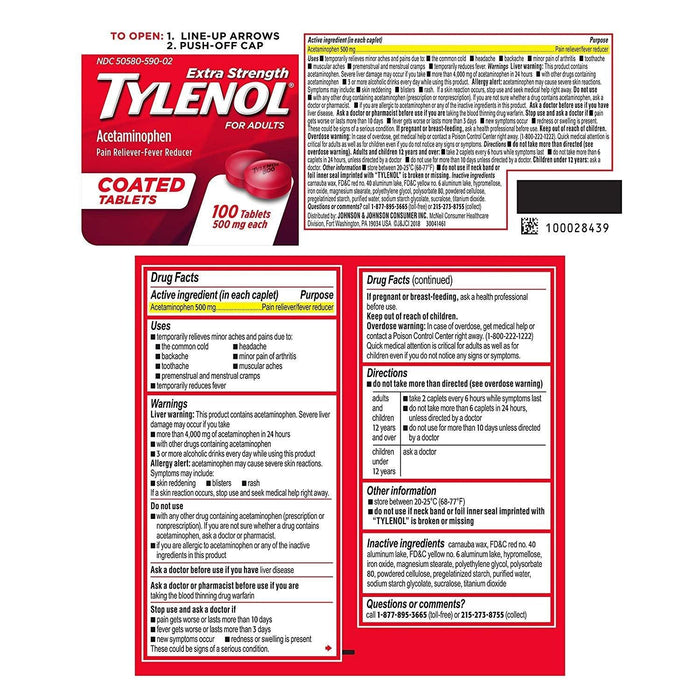 Tylenol Extra Strength Pain Relief Acetaminophen Tablets - 100 Count - Shop Home Med