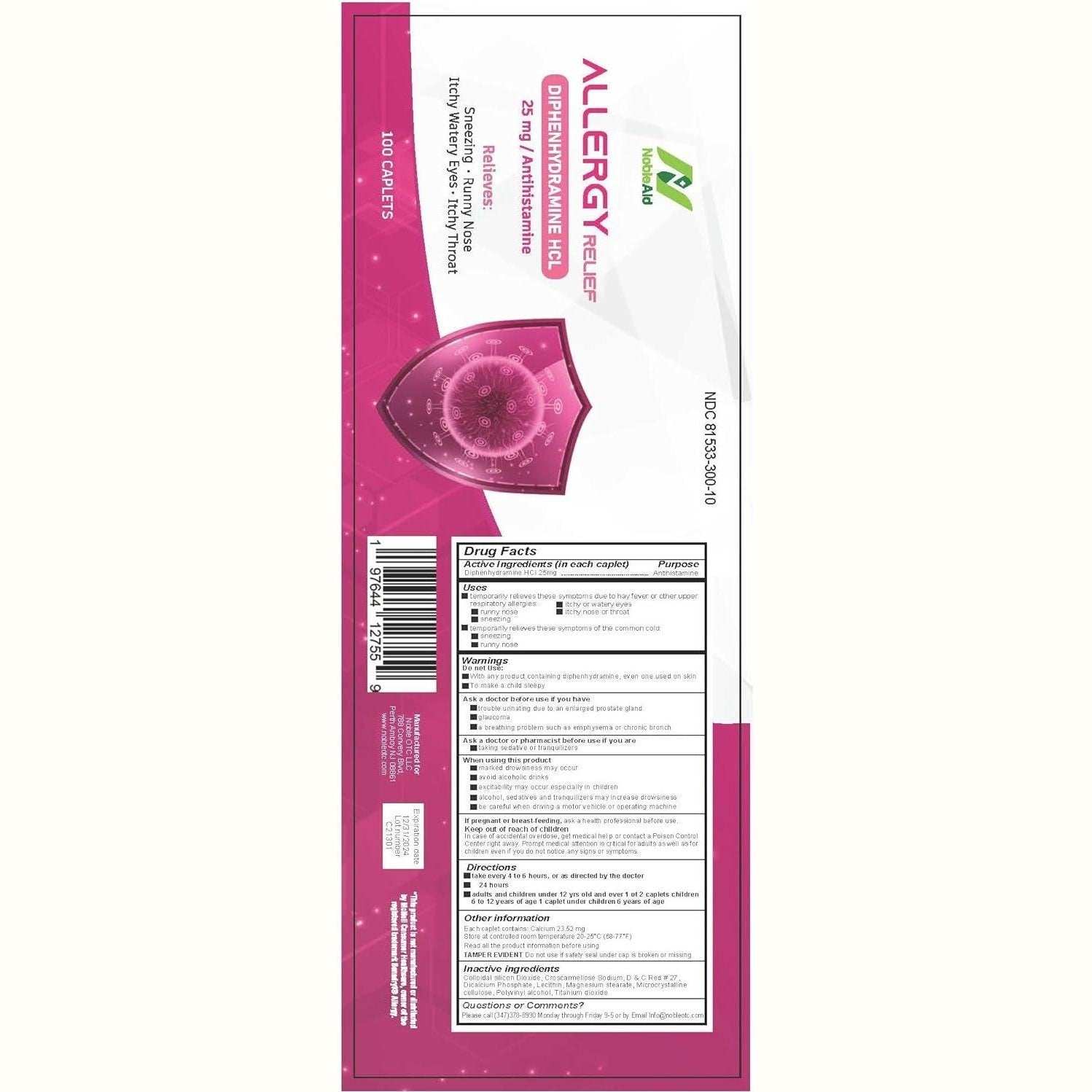 NobleAid Antihistamine Allergy Relief Tablets 25mg Diphenhydramine HCL - 100 Count - Shop Home Med