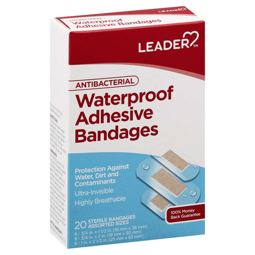 Leader Tm Adhesive Bandages Waterproof Antibacterial Assorted 20 Ct