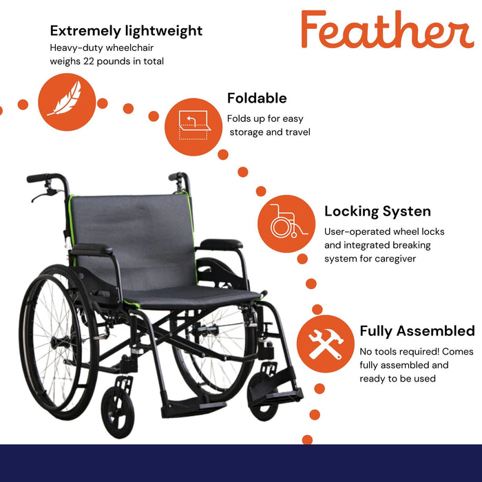 Feather Lightweight Bariatric Wheelchair Extra Wide World's Most Lightweight ONLY 15 lbs.