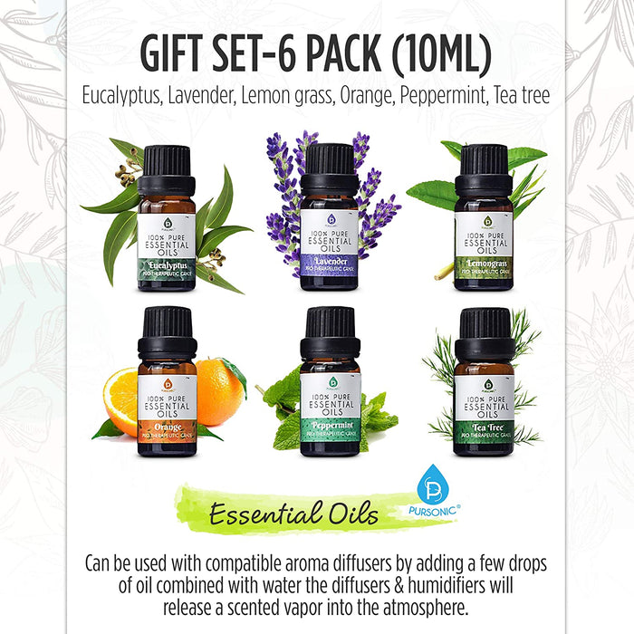 Pursonic 100% Pure Essential Oil Blends & Aromatherapy Oils Set - 6 Varieties