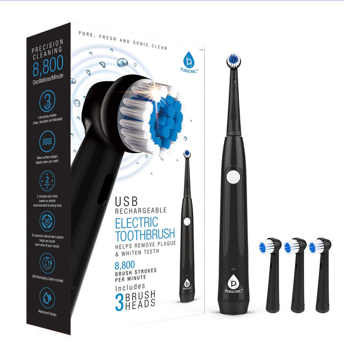 Pursonic Rotary Toothbrush, USB Rechargeable with 3 Heads & 8,800 RPM