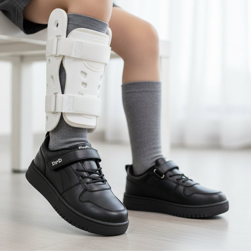 Black school shoe with a strap on a white background