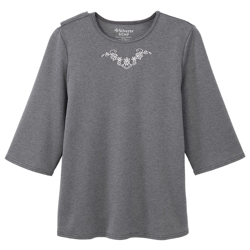 Silverts Women's Open Back 3/4 Length Sleeve Adaptive Shirt with Embroidery