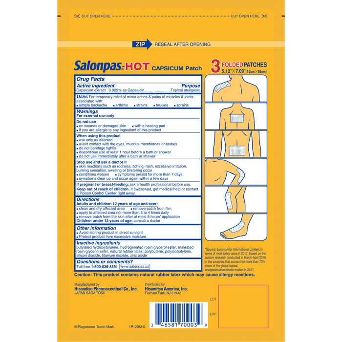 Salonpas Pain Relieving Hot Capsicum Patch - 3 Ct