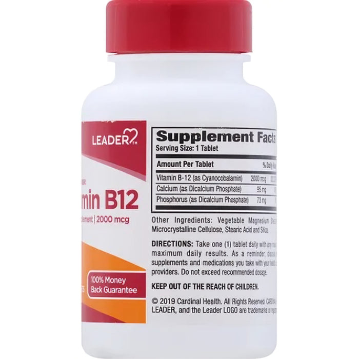 Tabletas de suplemento dietético de vitamina B12 de liberación prolongada de 2000 mcg de Leader - 60 unidades