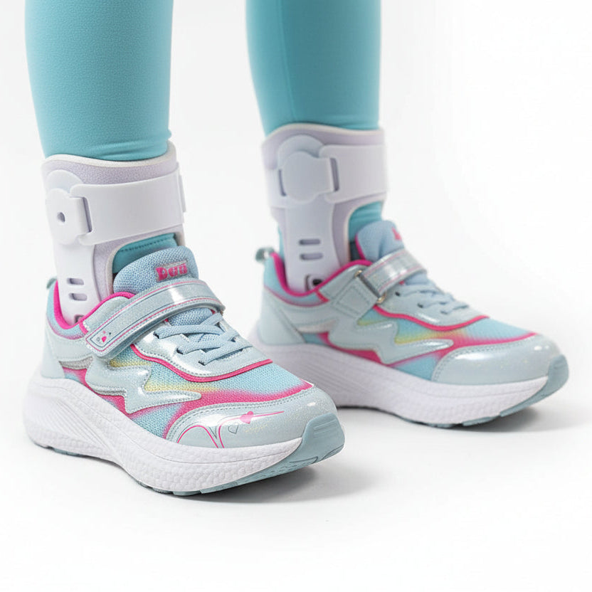 Children's sneaker with pink and gray design on a white background