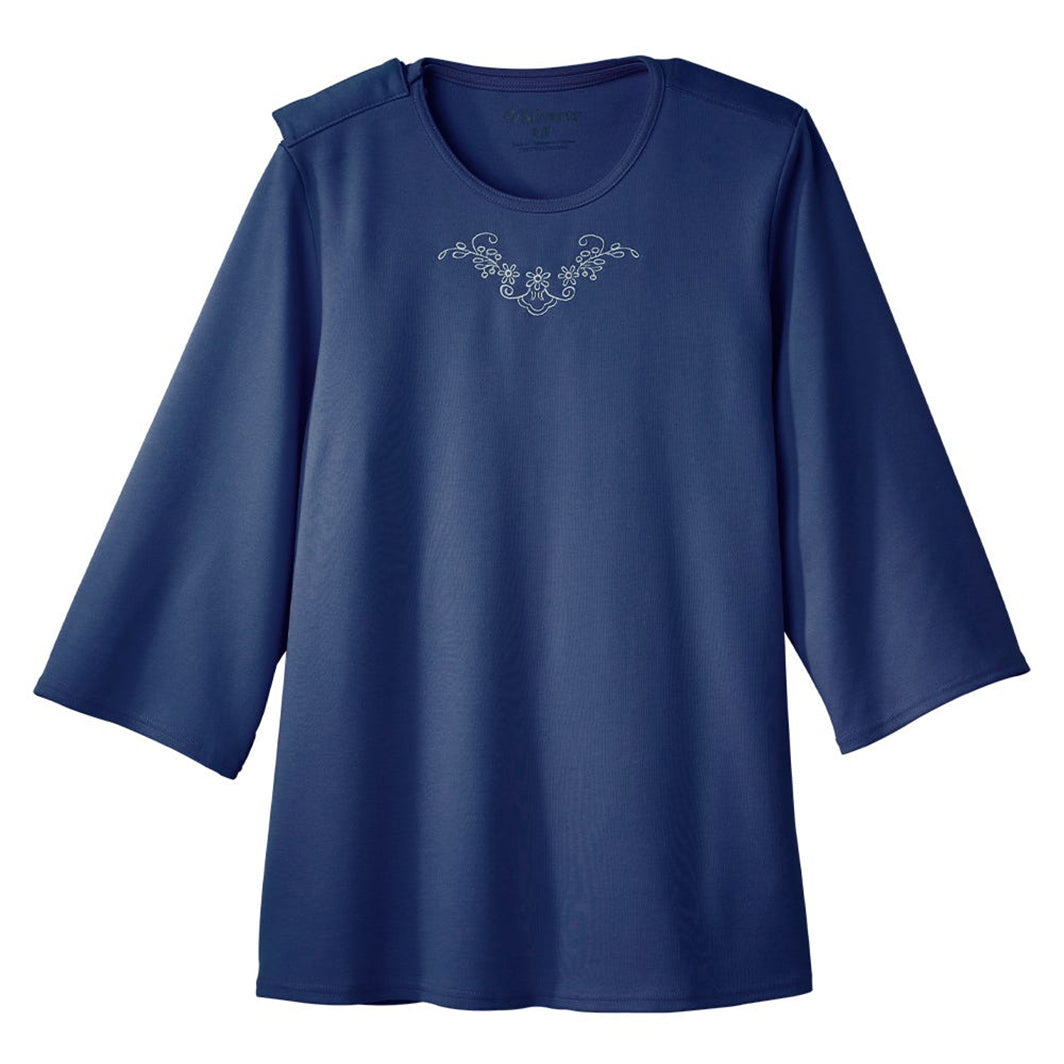 Silverts Women's Open Back 3/4 Length Sleeve Adaptive Shirt with Embroidery