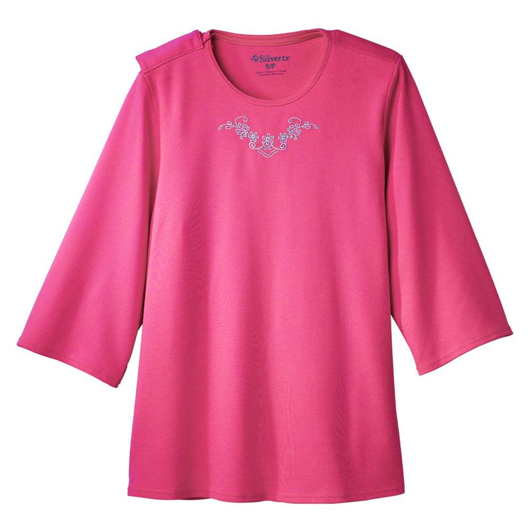 Silverts Women's Open Back 3/4 Length Sleeve Adaptive Shirt with Embroidery