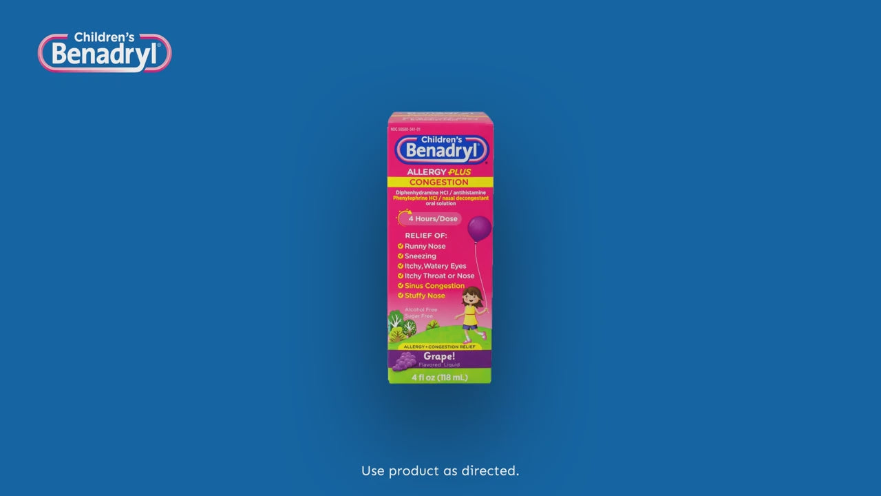 Load video: Children's Benadryl Allergy Plus Congestion Relief Liquid Grape - 4 fl oz