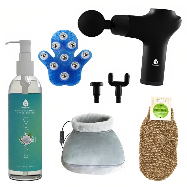 Pursonic Ultimate Relaxation & Recovery Bundle - Mario Lopez Massage Glove, Heated Foot Massager, Massage Gun, and More