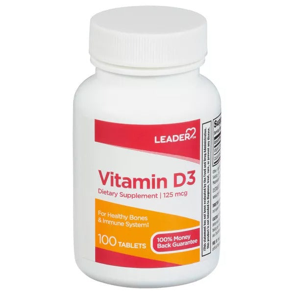 Tabletas de suplemento dietético de vitamina D3 de Leader, 125 mcg, 100 unidades