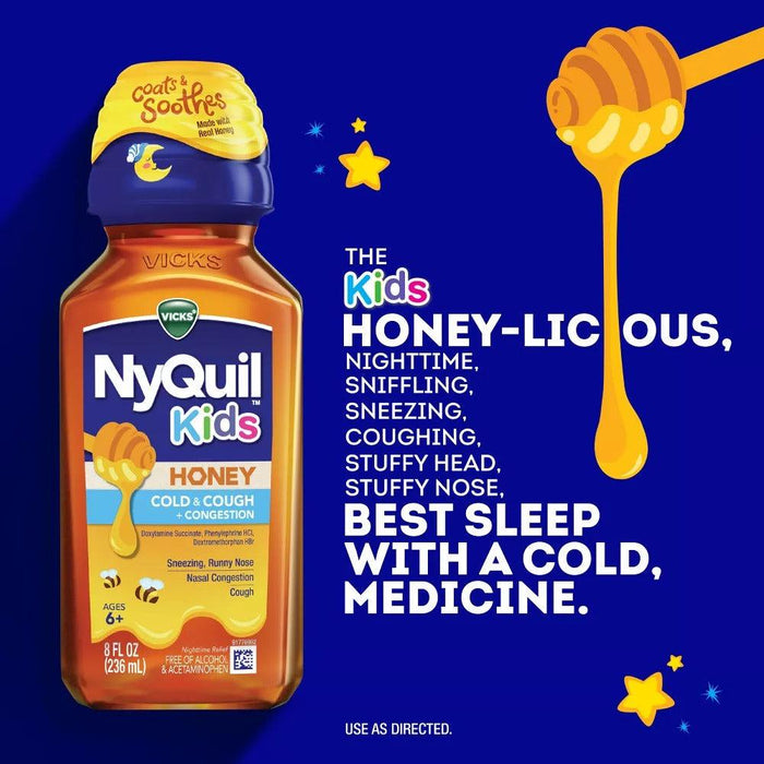 Vicks NyQuil Kids Cold and Cough + Congestion Relief Honey For Kids 6+, 8 OZ - Shop Home Med