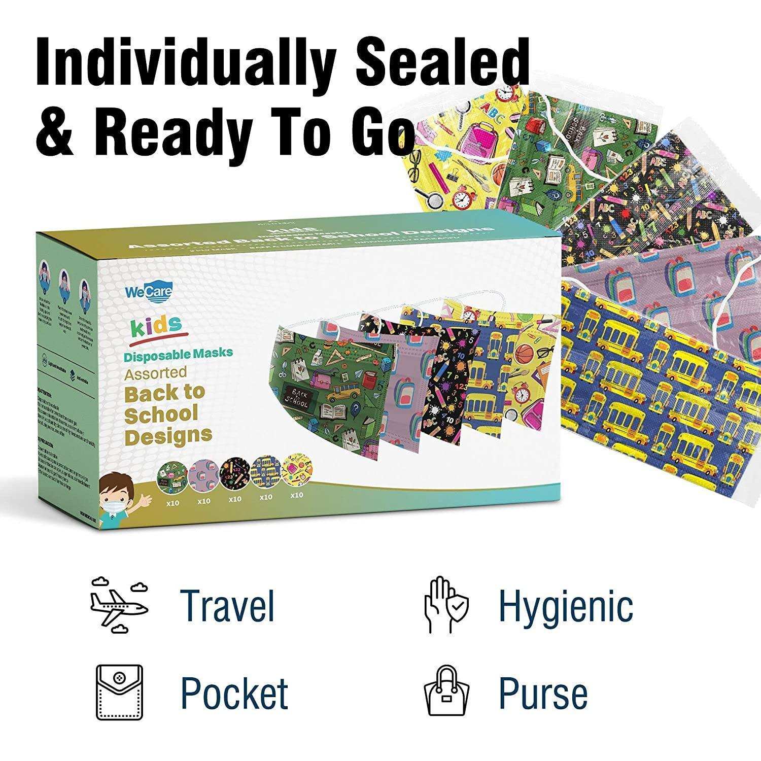 WeCare 50 Box, Individually-Wrapped Masks - Assorted Back to School Designs - KIDS - Shop Home Med