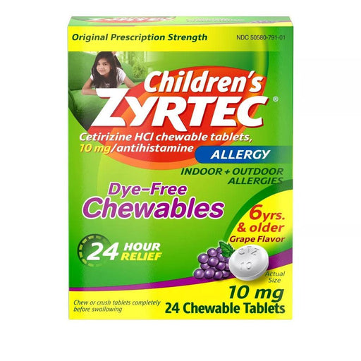 Zyrtec Children's Dye Free Cetirizine 10mg Chewables - Grape - 24ct - Shop Home Med