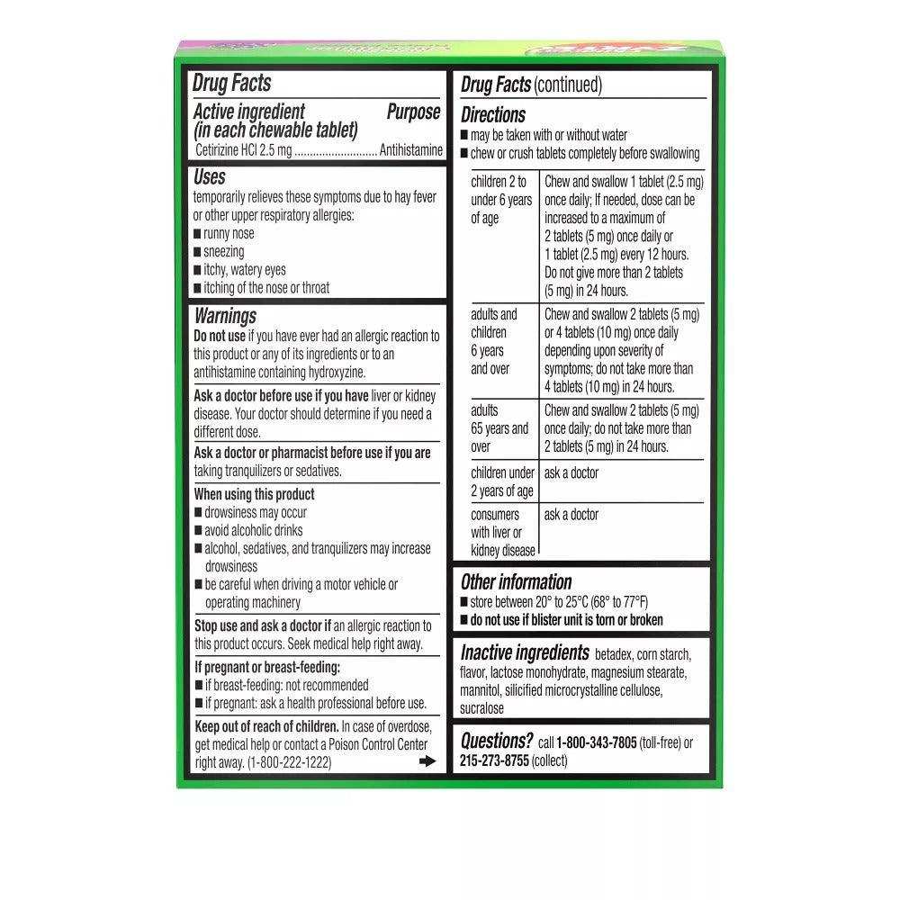 Zyrtec Children's Dye Free Cetirizine 2.5mg Chewables - Grape - Shop Home Med