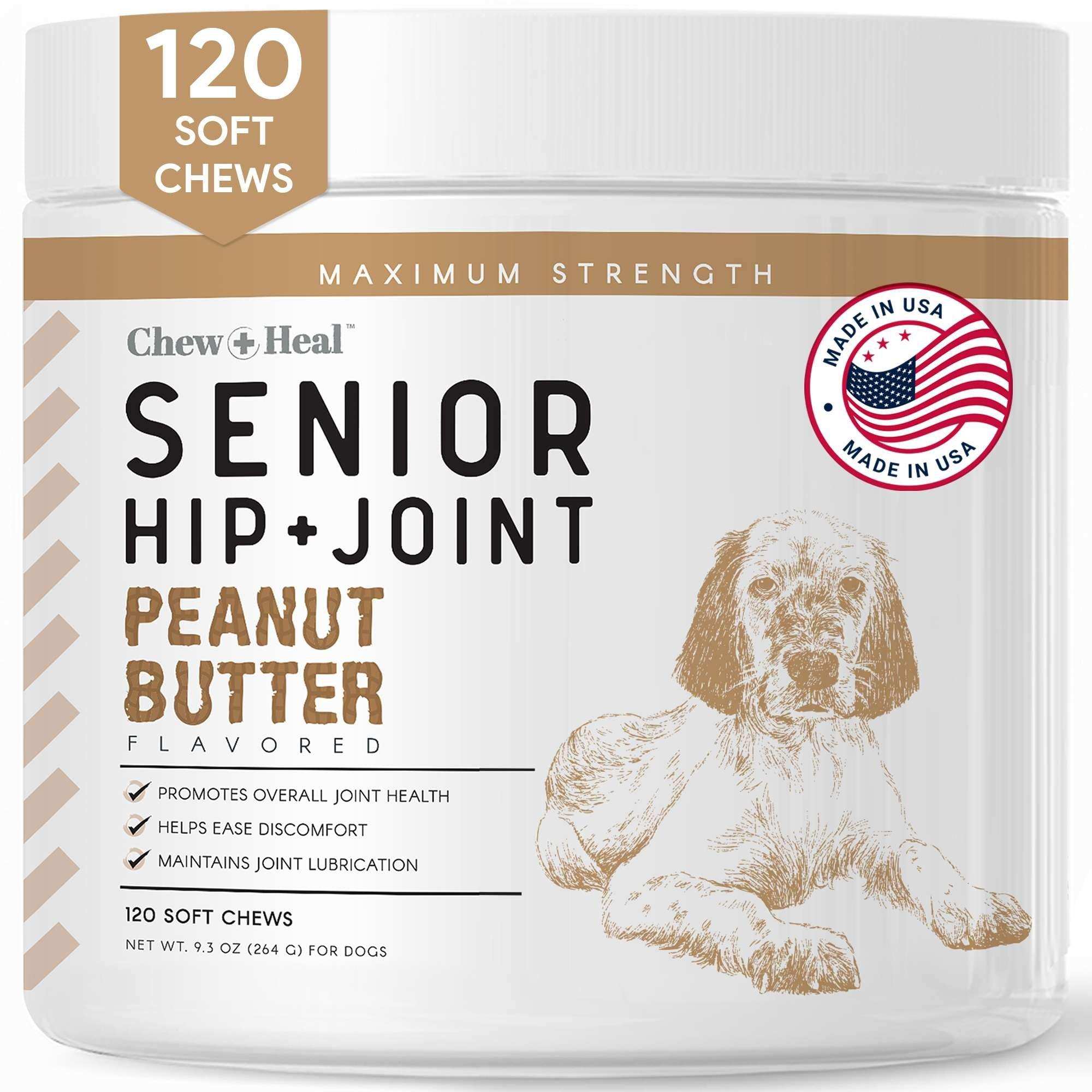 Chew + Heal Glucosamine for Senior Dogs Hip and Joint - 120 Peanut Butter Flavor Soft Chews - Shop Home Med