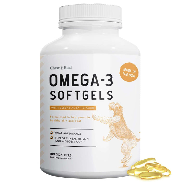 Chew + Heal Omega 3 Fish Oil for Dogs - 180 Softgel Supplements for Healthy Skin and Coat - Shop Home Med